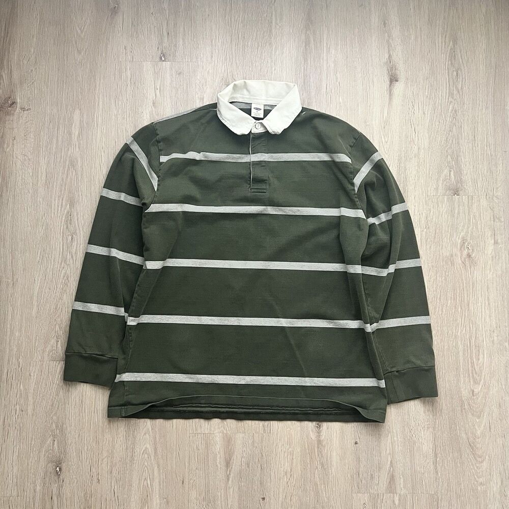 Vintage Old Navy Rugby Shirt Mens XL Green White Striped Long Sleeve Cotton Y2K